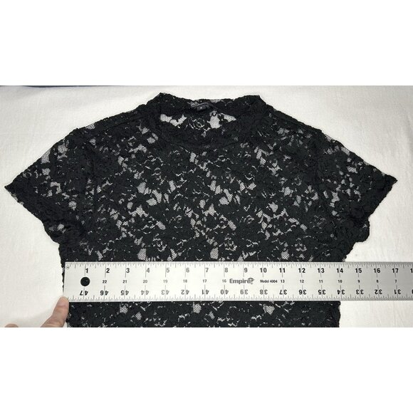 90's Ambiance Shirt Womens S Black Lace Sheer Cap Sleeve Scallop Hem Crop Top - Picture 14 of 14